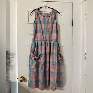 Vintage Cotton Pink and Blue Plaid Midi Dress Jumper with Pockets Size Large